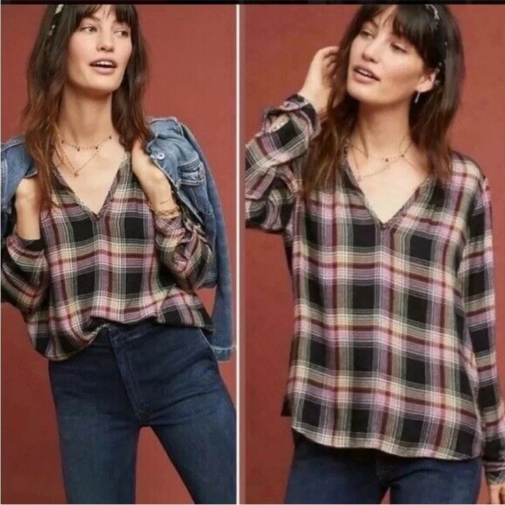Cloth & Stone by Anthropologie Charlie Plaid Ruffle Neck Flannel Top - Small